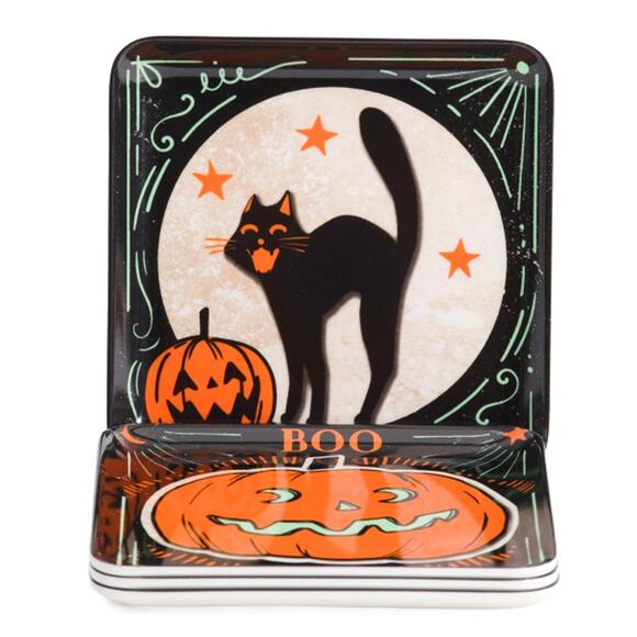 Spooky Night Halloween Melamine Appetizer Plates 5.75in Set Of 4 Black & Orange - Picture 2 of 9